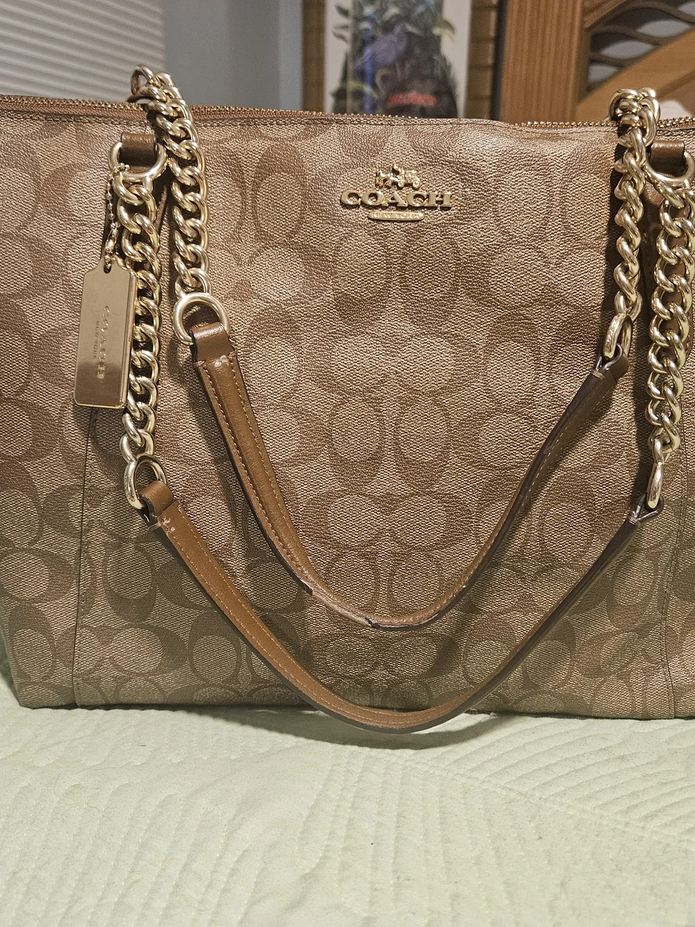 Coach Brown Signature Chain-Handle Tote with Gold Hardware